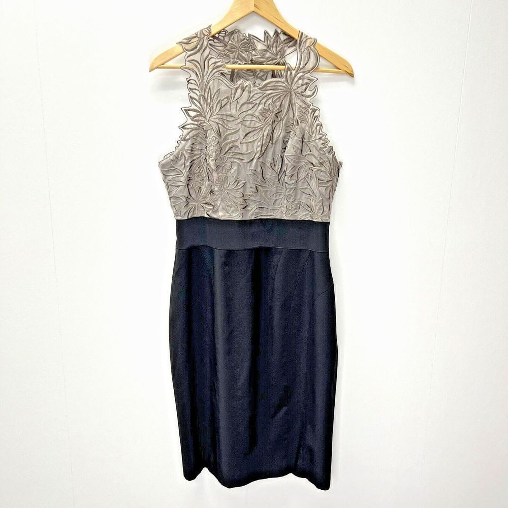 Karen Millen Black Grey Lace Sleeveless Midi Sheath Dress Floral Size 10
